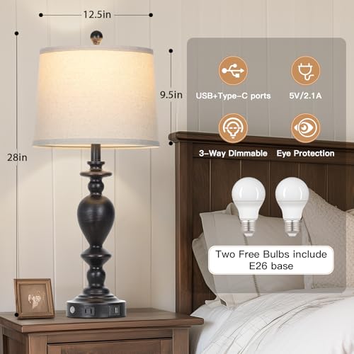 28" Tall Farmhouse Bedside Lamp Set of 2 (Black-2)