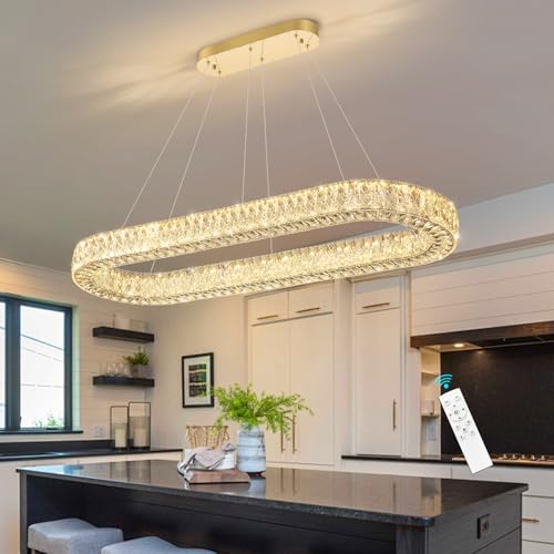 Modern Oval Crystal Chandelier for Dining Room Dimmable LED Chandeliers Rectangular Pendant Light Fixture with Remote for Living Room Kitchen Island Gold