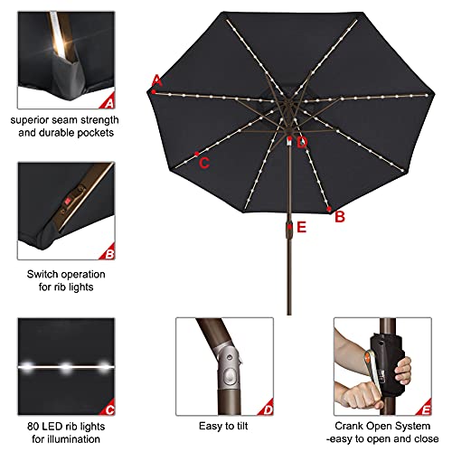 USA 10-Year-Non-Fading 9ft Market Patio Umbrella, Commercial Grade Table Sun Umbrella with 80 Solar LED Lights, Crank Open, Windproof & UPF 50+ UV Protection for Garden, Deck, Pool, Backyard, Black