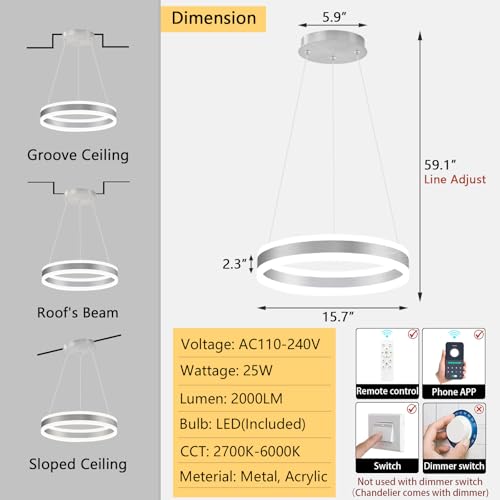 D15.7'' Modern Ring Chandelier for Dining Room LED Dimmable Pendant Lighting High Ceiling Chandelier for Living Room Foyer Bedroom Entryway 3000K