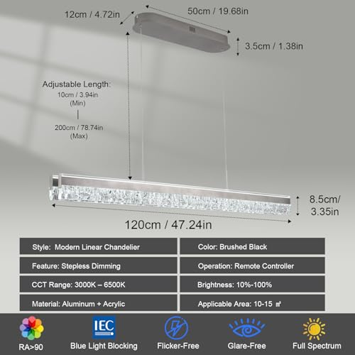 Modern Chandeliers for Dining Room Dimmable Crystal Led Pendant Light Kitchen Island Lighting 47in Ceiling Hanging Pendant Light with Remote