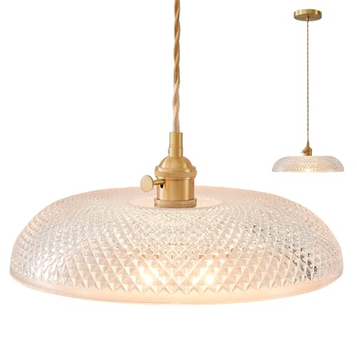 11.8″ Retro Glass Pendant Light Premium Thickened Clear Glass Shade Antique Brass Finish and Adjustable Gold Braided Cord Decorative Lighting for Kitchen Island