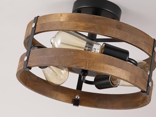3 Light Rustic Farmhouse Wood Flush Mount Ceiling Light Fixture 12.59 inch Oak Wood and Metal Round Cage Semi Flush Mount Ceiling Light for Hallway Entry Bedroom Kitchen Hall Farmhouse