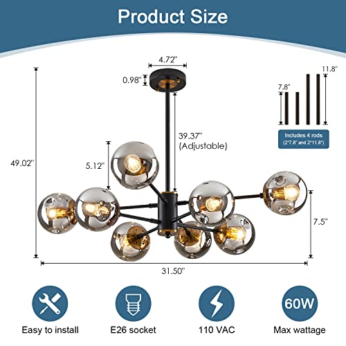8 Light Mid Century Modern Bubble Sputnik Chandelier with Globe Glass