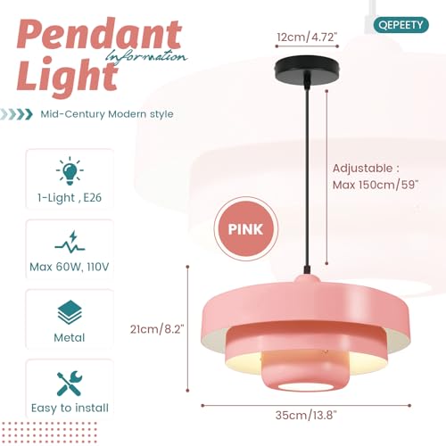 Mid Century Adjustable Pendant Light Pink Ceiling Light Fixture