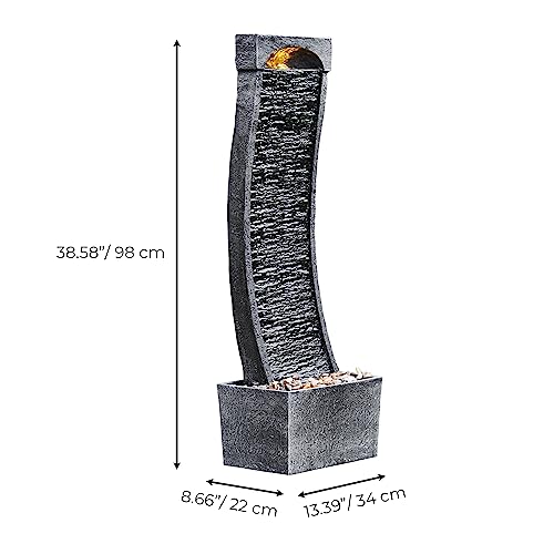 38.58 in. Modern Curved Faux Slate Waterfall Fountain for Indoors or Outdoors with LED Light Accents and 1.98