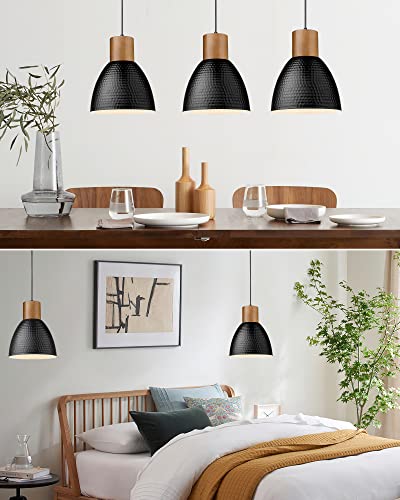 Industrial Hammered Pendant Light 7” Small Solid Wood Hanging Lamp with Hammered Metal Shade