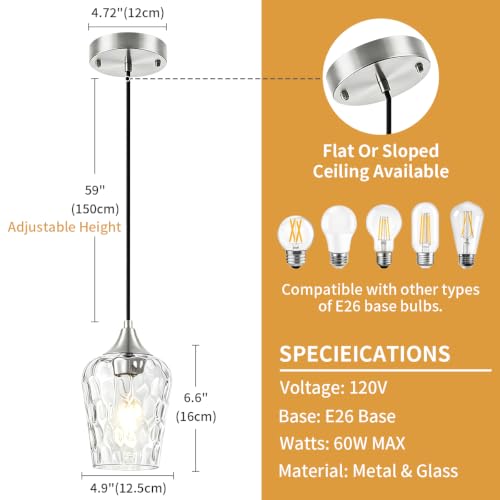 3 Pack Brushed Nickel Pendant Lights Kitchen Island Hammered Glass Shade