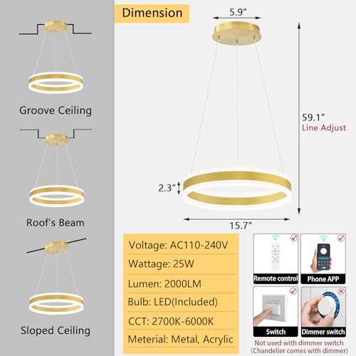 D15.7'' Modern Ring Chandelier for Dining Room LED Dimmable Pendant Lighting High Ceiling Chandelier for Living Room Foyer Bedroom Entryway 3000K