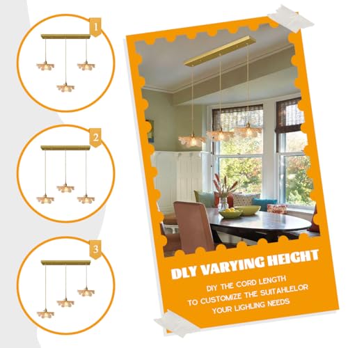 3 Light Vintage Petal Glass Ceiling Hanging Light Adjustable Gold Brass Chandelier Amber Glass Shade LED Linear Island Light for Dining Room Farmhouse