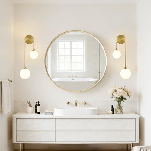 Mid Century Modern Wall Sconce Set of 2 Brushed Gold Milk Glass Sconces with Double Ball Hardwired Wall Light for Bedside Bedroom Bathroom Living Room Corridor G9 Base
