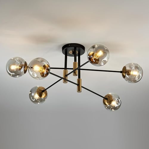 6 Light Glass Globe Sputnik Light Fixture Modern Matte Black and Gold Chandelier Semi Flush Mount Ceiling lamp for Living Room Kitchen Dining Room Farmhouse Bedroom