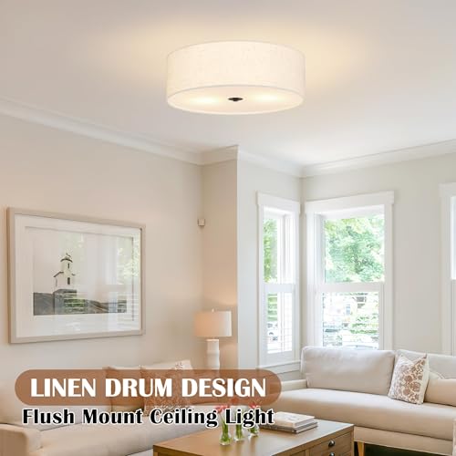 16 Inch 3 Light Drum Modern Black Ceiling Light Fixture Flush Mount Ceiling Light Fixture Dimmable Close to Ceiling Light Fixture with Fabric Shade for Living Room Hallway Entryway Bedroom
