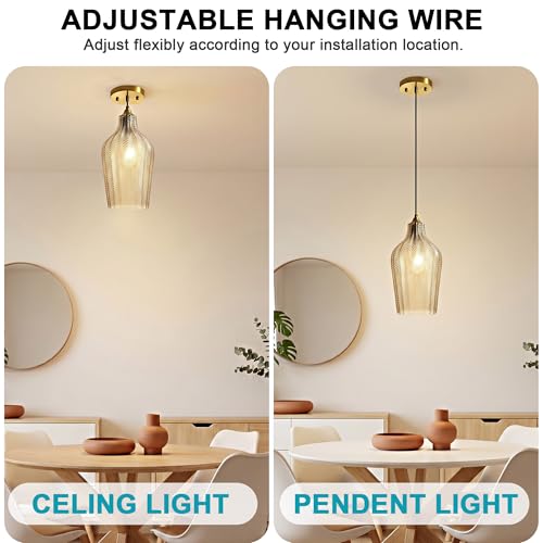 Amber Glass Pendant Lights Kitchen Island Gold Hanging Ceiling Light 6.7"