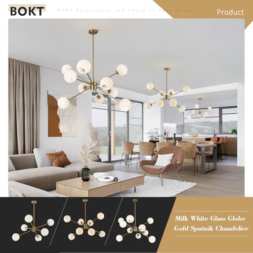 6 Lights Modern Sputnik Chandeliers Globe Light Fixture Farmhouse Milk Glass Pendant Lights Kitchen Island Gold and White Sputnik Hanging Light Vintage Brushed Brass Ball Chandelier