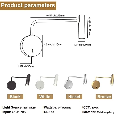 Wall Mounted Reading Light for Bedroom LED Hardwired Sconce with Switch on