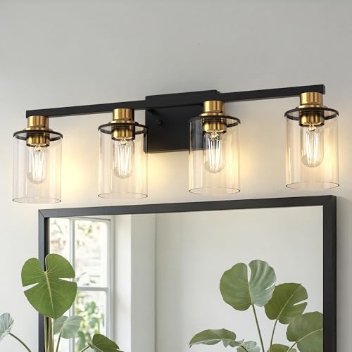 4 Light Black and Gold Bathroom Vanity Light Fixture Over Mirror