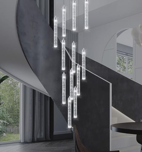 12 Lights Modern Chandeliers for Entryway High Ceiling Chandelier LED Dimmable Long Lights Fixture Pendants Lighting Crystal Chandeliers for Hallway Foyer Living Room Silver Finished Lighting