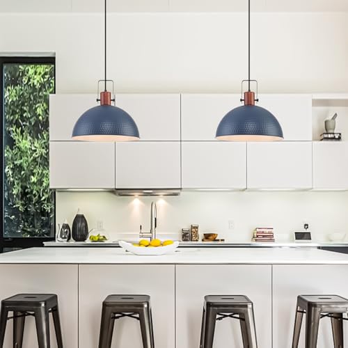 16 Inch Blue Pendant Lights Hammered Matte Pendant Lights for Kitchen Island Industrial Farmhouse Adjustable Height Dome Hanging Light Fixtures for Barn