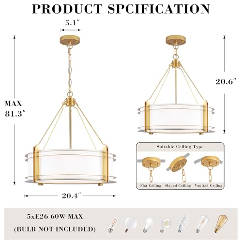 20.4'' Gold Drum Chandelier with White Linen Fabric Shade