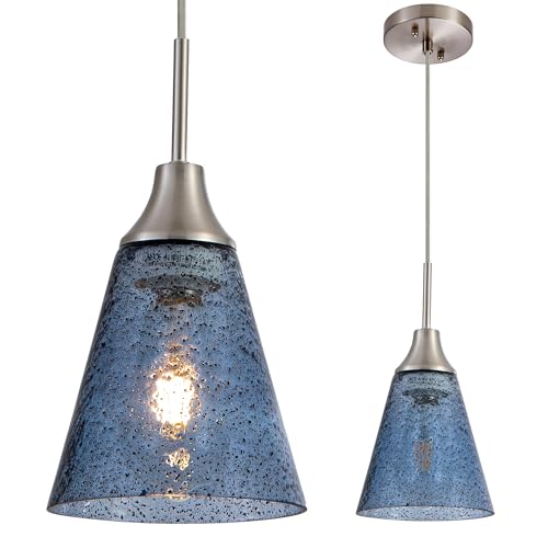 5.9" Glass Pendant Light Dark Blue Seeded Glass Hanging Light