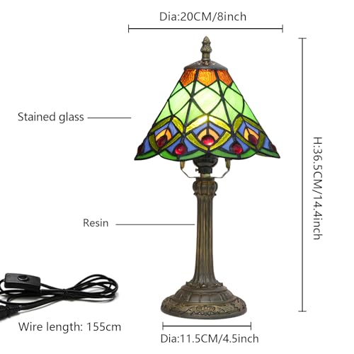 Green Small Tiffany Lamp Stained Glass Table lamp Peacock Tail Bedroom Bedside Light for Living Room Dormitory Bar Retro Style Unique Cute funky Accent Decor Cottage 8" Village gift Nightstand Lamp