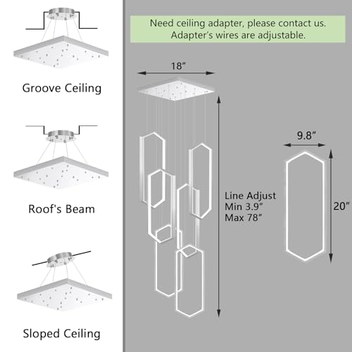 6 Rings Modern Chandelier LED Dimmable Pendant Lighting Adjust Flush Mount Ceiling Light for Foyer Lobby Living Room Staircaes Sliver 78.7''