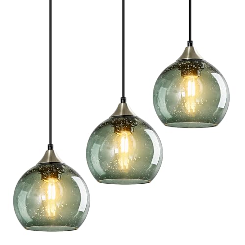 Gray Green Glass Pendant Lights Kitchen Island Lighting Globe Pendant Light Fixtures Modern Pendant Lighting for Kitchen Island Bedroom Living Dining Room Light Fixture (3 Count)