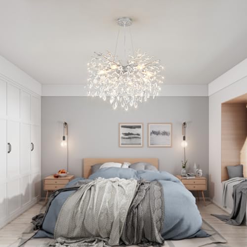 24 Inch Modern Tree Branch Chandelier Silver Crystal Pendant Lighting