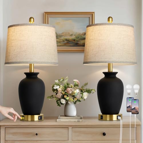 23" Set of 2 Black Ceramic Farmhouse Table Lamp with Ginger Jar Design (2 Count)