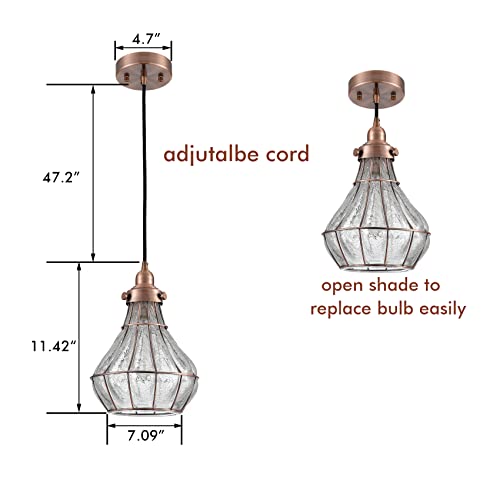 Vintage Pendant Light Red Copper Crack Glass Shade Wire Cage