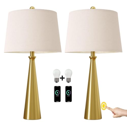 25.75" 3 Way Dimmable Touch Control Modern USB Table Lamp Set of 2 for Living Room Bed Room Bedside Nightstand Lamps Fabric Shade Vintage Accent Light Gold Antique Brass (2 Count)