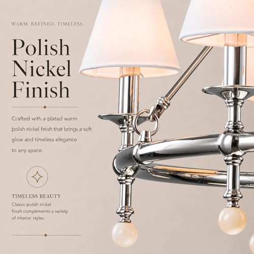 6 Light W34 Inch Polished Nickel Statement Chandelier with White Pleated Fabric Shades and Alabaster Finials Large Round Designer Lighting for Dining Room Living Room