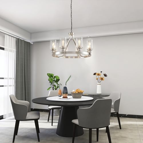 8 Light Modern Chandeliers for Dining Room Light Fixture Brushed Nickel Kitchen Chandelier Ceiling Hanging Pendant Lighting with Glass Shade for Living Room Entryway Adjustable Height E26