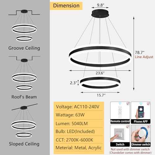 D15.7''+23.6'' Modern Ring Chandelier for Dining Room LED Dimmable Pendant Lighting Chandelier for Living Room Foyer Bedroom Entryway 3000K