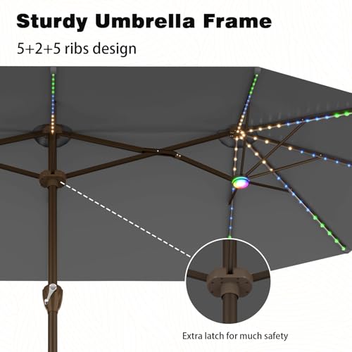 15FT Large Rectangular Patio Umbrella with Solar Lights