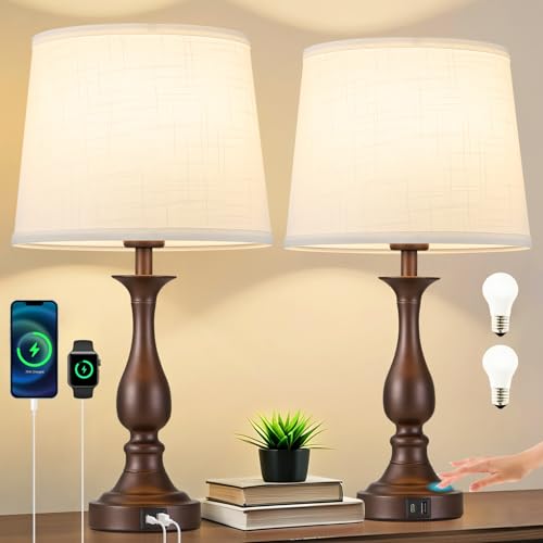 Bedside Table Lamp Touch Control Bedroom Lamps with USB A + C Charging Port 3 Way Dimmable Touch Lamps for Nightstand Living Room Bedroom Dorm Home Office Reading (2 Count)