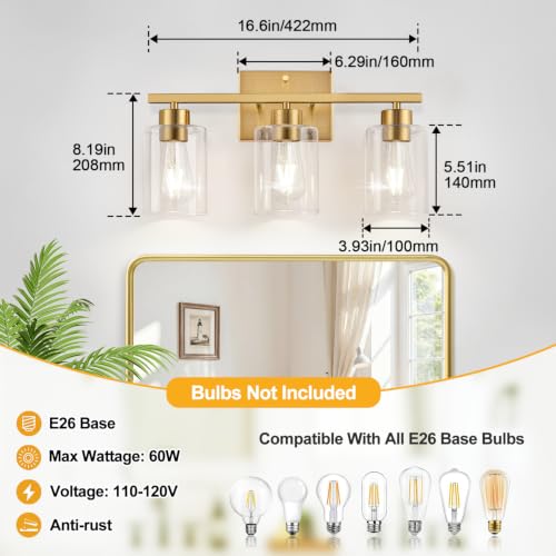 3 Light Brushed Gold Bathroom Vanity Light