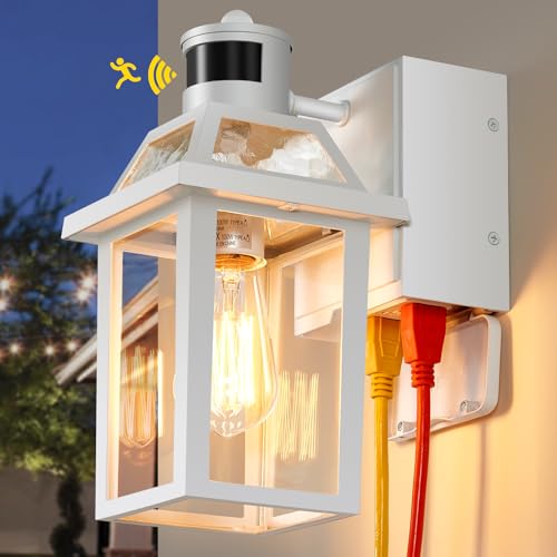 Porch Lights with GFCI Outlet Dusk to Dawn Outdoor Lighting White 1Pack