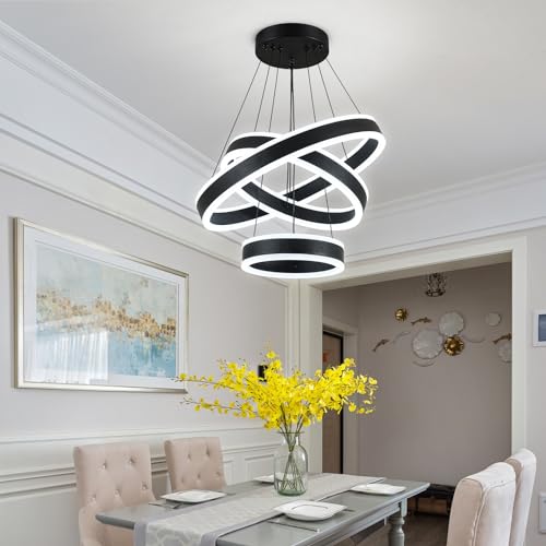 Modern LED Chandeliers Adjustable Hanging Black Pendant Light Fixture 3 Ring Flush Mount Chandeliers for Bedroom
