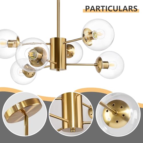 6 Light Globe Sputnik Chandelier Modern Gold Sputnik Chandelier Mid Century Pendant Light Brushed Brass Finished with Clear Globe Glass Lampshade Chandeliers for Dining Room Kitchen