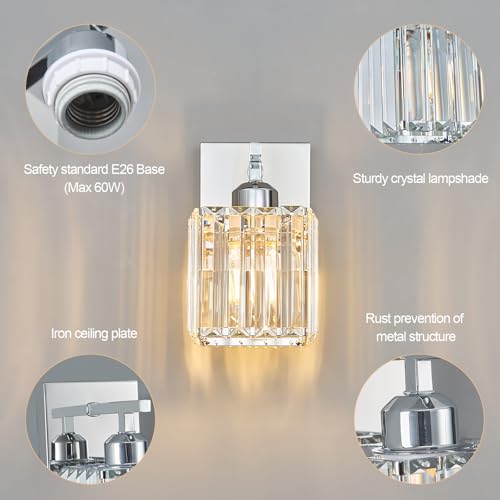 Modern Wall Sconces Set of Two Indoor Wall Lamp Chrome Wall Sconce Crystal Wall Light Bathroom Vanity Light Fixtures Wall Mounted Room Sconce Wall Lighting (2 Count)