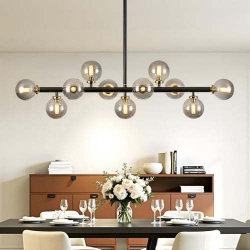 11 Light Black Gold Sputnik Chandelier with Grey Glass Globe Bubble