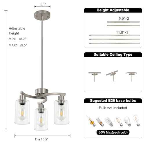 3 Light Brushed Nickel Dining Room Light Fixture,Modern Kitchen Chandeliers Over Table，Adjustable Height Industrial Hanging Pendant Lights for Kitchen Island with Glass Shade