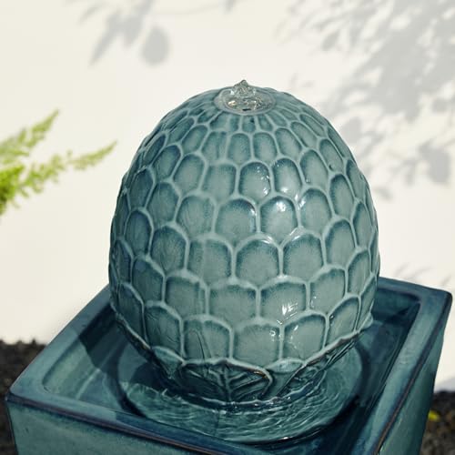 35.75" H Tall Ceramic Outdoor Water Fountain with LED Light Oversized Artichoke Pedestal Fountains with Submersible Pump Patio Fountain Waterfall for Garden Patio Deck Porch
