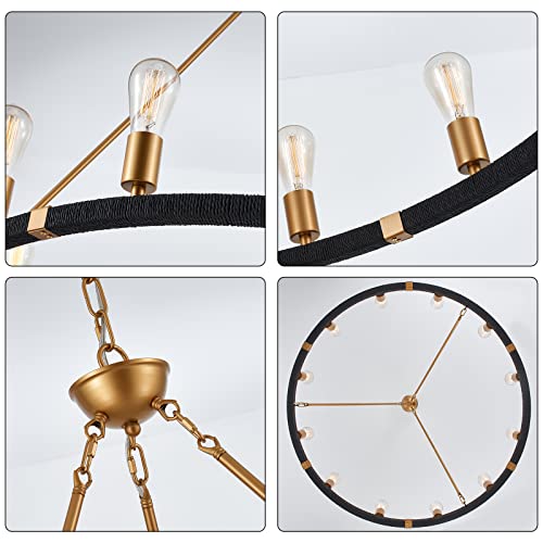 12 Lights Wagon Wheel Chandelier Bohemia Black Hand Woven Rattan Chandelier Farmhouse Large Brass Pendant Light for High Ceilings Living Room Dining Room