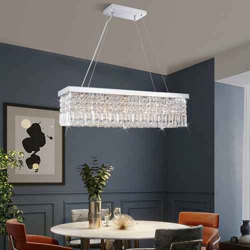 Rectangular Chandeliers for Dining Room, Modern Rain Drop Chandeliers, Hanging Pendant Crystal Chandelier Light for Kitchen Island, Beautiful Ceiling Light Fixture for Cafes Office of CRYSTOP