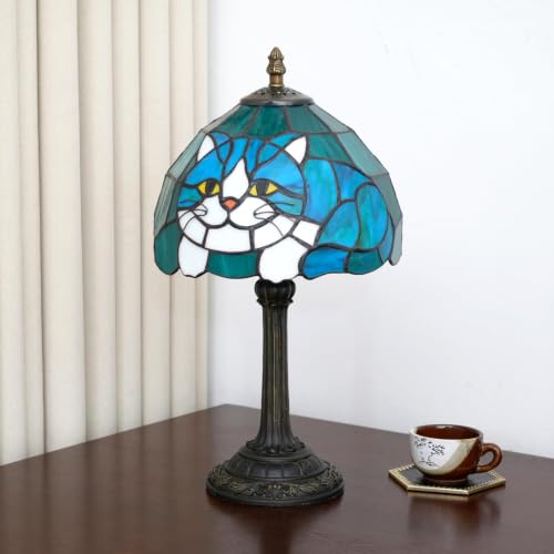 Tiffany Style Stained Glass Table Lamp Cat Small Table Lamp Bedroom Bedside Lamp Living Room Dining Room Office Decoration Desk Lamp Home Decoration Creative Gift