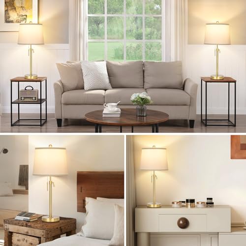 Modern Gold table Lamp 22" to 30"Adjustable Height 3 Brightness Way Brass Nightstand with White Linen Shade Pull Chain Pole Lights for Living Room Guest Bedroom End Table Office