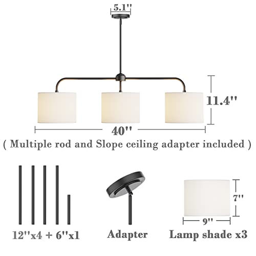 40" W 3 Light White Linen Drum Shade Chandelier with Black Metal Linear Pendant Light Fixture for Kitchen Island
